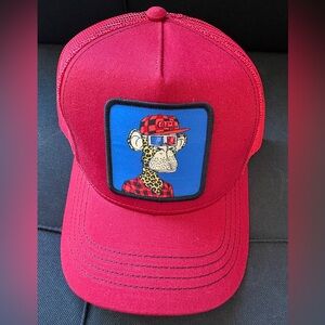 Red Trucker Hat with Cartoon Ape Patch
